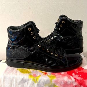 Salvatore Ferragamo Mens Sz 10EE patent high top sneakers black